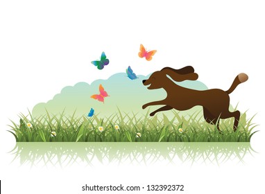 Cute Cartoon dog chasing butterflies. EPS 8 vector, grouped for easy editing. No open shapes or paths.