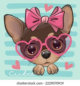 Cute cartoon dog Chihuahua with a pink bow and heart shaped glasses