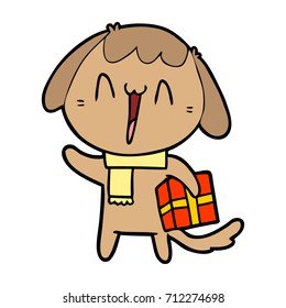 cute cartoon dog with christmas present
