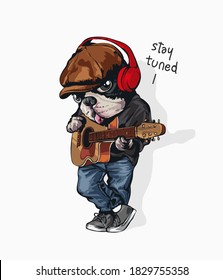 cute cartoon dog with classical guitar illustration