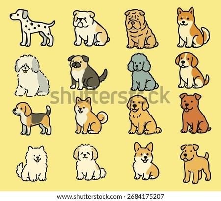 Cute cartoon dog collection featuring various breeds like pug, bulldog, corgi, dalmatian, and shiba inu. Adorable puppy illustrations perfect for stickers, branding, or pet designs