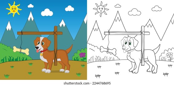 Cute cartoon dog coloring page with line art vector illustration