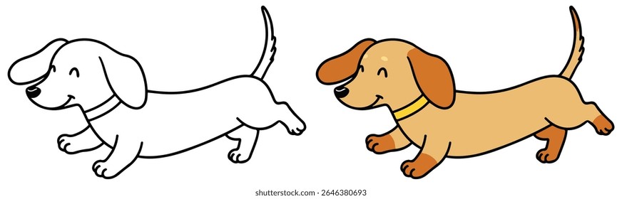 Cute Cartoon Dog Coloring Page with Colored Version – Happy Puppy Illustration for Kids