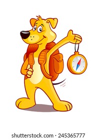 Cute cartoon dog with compass and backpack.