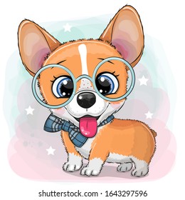 Cute cartoon Dog Corgi with a blue bowtie and glasses