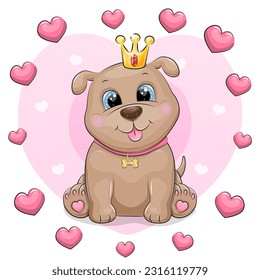 Perro de dibujos animados con una corona en el marco del corazón. Ilustración vectorial de un animal sobre un fondo rosado.