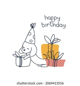 Cute cartoon dog dachshund. Print for cards. Vector illustration. Greeting card. Happy birthday 