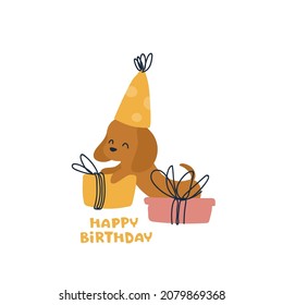 Cute cartoon dog dachshund. Print for cards. Vector illustration. Greeting card. Happy birthday 