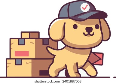 Cute cartoon dog in delivery uniform carrying a letter. Pet with parcels ready to send mail vector illustration.