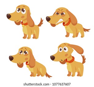 Cute Cartoon Dog With Different Emotions Set. Happy, Angry, Sad, Surprised. Vector Illustration