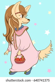 cute cartoon dog dressed up in pink dress and carrying basket with red apples.