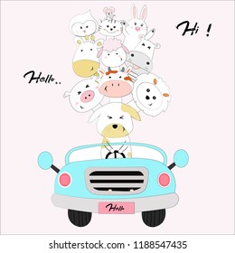 Cute cartoon a dog drive a car  travel with friend, animal travel by car on holiday,  illustration vector by doodle comic art for any card.