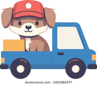 Perro de dibujos animados lindo conduciendo un camión de reparto azul. Un cachorro adorable en un capuchón rojo entregando paquetes. Ilustración del vector del servicio de transporte de mascotas amigable.