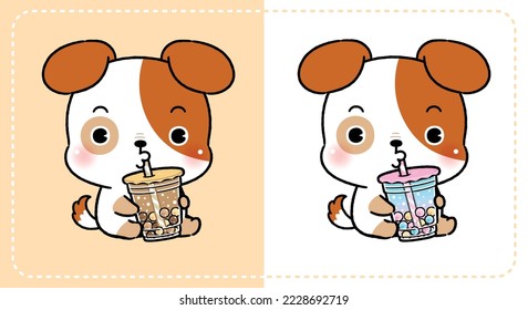 Cute Cartoon Dog Eating Boba Bubble Milk Tea, Animal Drink Icon Concept Vector. Flat Cartoon Style