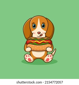 Cute cartoon dog eating hot dogs. Vector illustration