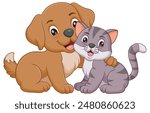 Cute Cartoon Dog Embracing a Cat. Animal Nature Icon Concept Isolated Premium Vector. Vector Illustration