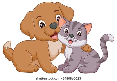 Cute Cartoon Dog Embracing a Cat. Animal Nature Icon Concept Isolated Premium Vector. Vector Illustration