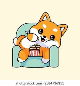 Cute Cartoon Dog Enjoying Popcorn on a Chair