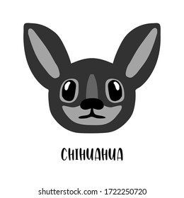 Cute cartoon dog face image. Vector illustration of chihuahua on white. Popular breed of dogs. 