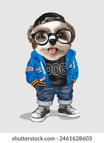 cute cartoon dog in fashion style hand drawn vector illustration