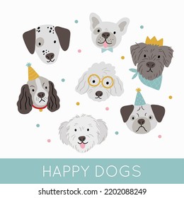 Cute cartoon dog in flat style. Vector illustration. Happy pet. Dog Birthday party.