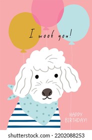 Cute cartoon dog in flat style. Vector illustration. Happy pet. Dog Birthday party.