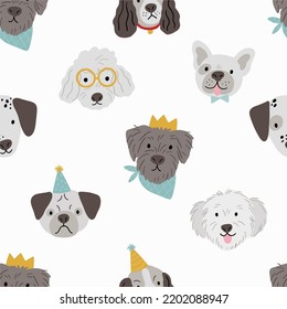 Cute cartoon dog in flat style. Vector illustration. Happy pet. Dog Birthday party. Seamless pattern