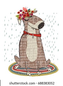 cute cartoon dog with floral wreath