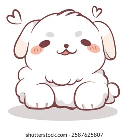 Cute cartoon dog with fluffy white fur, sitting happily with hearts around