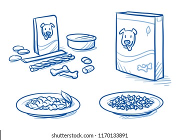 Cute cartoon dog food set. With feeding dish, food tin and box, icons. Hand drawn doodle vector illustration.