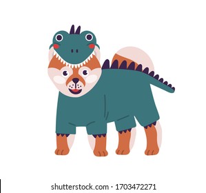 Cute cartoon dog in funny dinosaur costume standing isolated on white background. Adorable domestic animal wearing funny clothes vector flat illustration. Shiba Inu character in dragon clothing