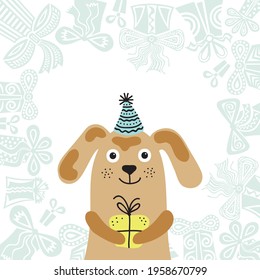 Cute cartoon dog with gift happy birthday greeting card. Vector illustration