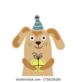 Cute cartoon dog with gift. Vector illustration