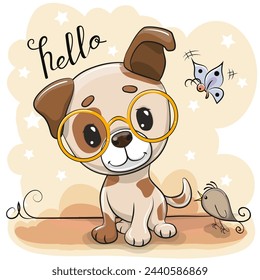 Cute Cartoon Dog in glasses and bird 