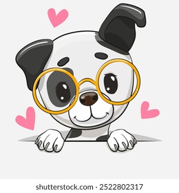 Cute cartoon Dog in glasses with hearts on a white background