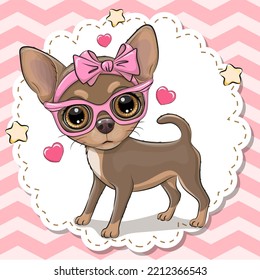 Cute Cartoon Dog Сhihuahua in glasses on a pink background