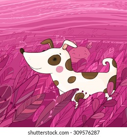 Cute cartoon dog in the grass. Hand drawn vector illustration.