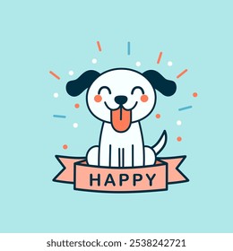 Cute cartoon dog with a happy expression, tongue out, and HAPPY banner below on a blue background. Happy dog. 