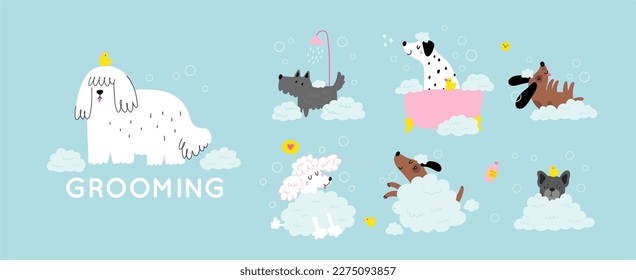 Cute cartoon dog Happy Grooming. Pet washing service flat vector illustration. Happy bathing pet	
 svg