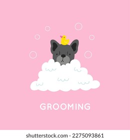 Cute cartoon dog Happy Grooming. Pet washing service flat vector illustration. Happy bathing pet	
