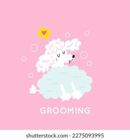 Cute cartoon dog Happy Grooming. Pet washing service flat vector illustration. Happy bathing pet	
