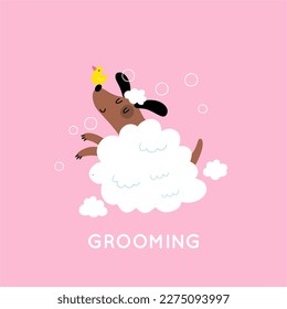 Cute cartoon dog Happy Grooming. Pet washing service flat vector illustration. Happy bathing pet	
