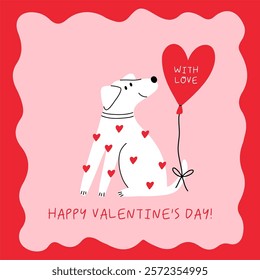 Cute cartoon Dog. Happy Valentine's Day vector card in flat style. Playful print pet with heart