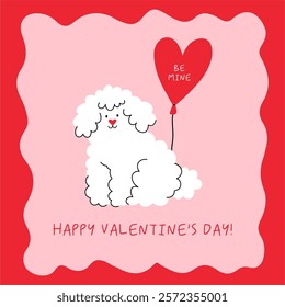 Cute cartoon Dog. Happy Valentine's Day vector card in flat style. Playful print pet with heart