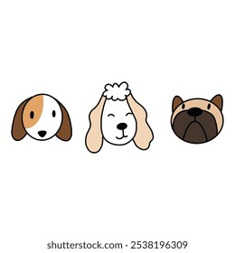 Cute Cartoon Dog Head Illustrations with Rounded Features in Three Unique Colors, Set on a Clean White Background for Kid-Friendly Designs