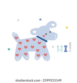 Cute cartoon dog with hearts. Childish graphic. Vector hand drawn illustration.