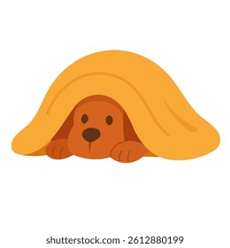 Cute cartoon dog hiding under soft yellow blanket. Flat vector pet illustration for kids.