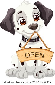 Cute cartoon dog holding a wooden open sign