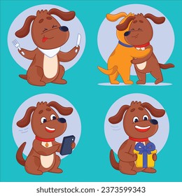 cute cartoon dog hugging friend eating receiving present using mobile phone set vector design illustration