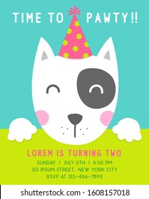 Cute cartoon dog illustration with text "Time to pawty" for party invitation card template.